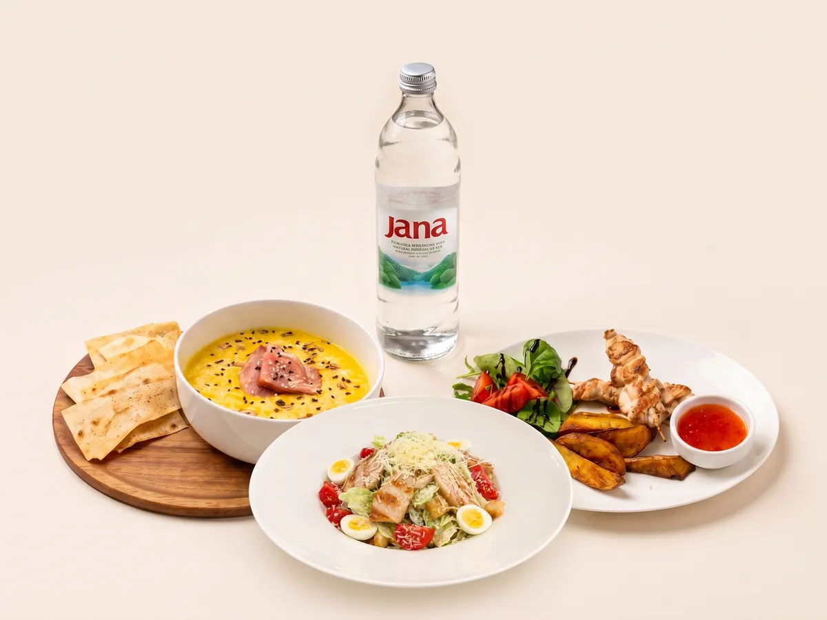 Supă cremă din dovleac, salată Caesar cu pui și frigărui de pui, alături de o sticlă de apă Jana de 750 ml